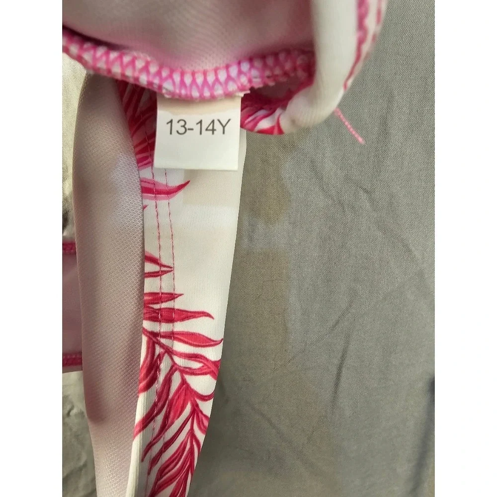 Pink Palm Tree Print Bikini Bottom Girls Size 13-14Y Tropical Swimwear